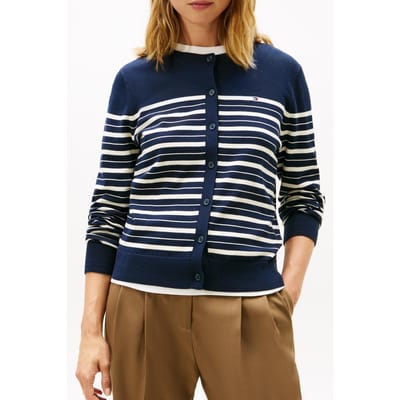 Tommy Hilfiger Jersey Crew Neck Cardigan Dark Night Navy/calico Multi Size: XS | Cardigans Outlet | Dames | Blauw