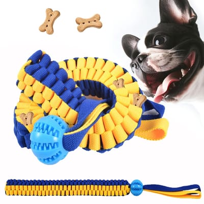 1 Hondenspeelgoed - 62,5 × 4 cm - Slowfood Touwtrekspeelgoed - Voerverstopfunctie - Traint het reukvermogen van de hond - Interactief speelgoed voor plezier - Hondensnoepjes & Educatief speelgoed - Geel, Blauw