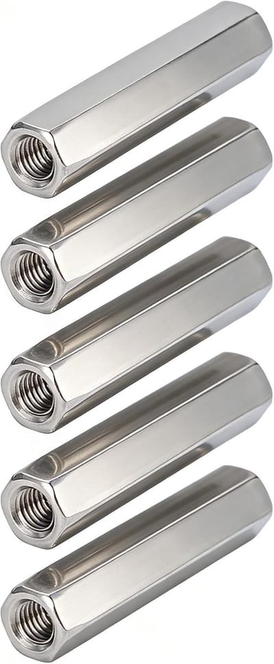 Dailygoods- Stangmoeren set van 5 - Zeskantige Wartelmoeren - Roestvrij Staal 304 - M8 x 1,25 - 65 mm Lengte - Binnendraad M12 x 1,75 - Moeren