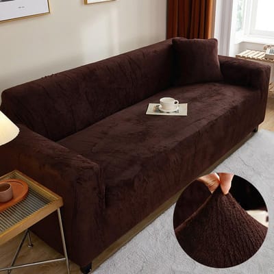 Fluweel Effen Kleur Verdikken Elastische Sofa Hoes Antislip Sofa Overtrek Bankovertrek Meubelbeschermer voor Woonkamer Huisdecoratie 3-seat 195-230cm