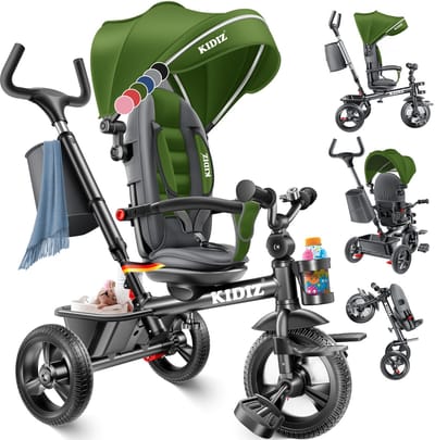 KIDIZ® Loopfiets Driewieler 5in1 Kinderfiets kinderdriewielerfiets 1 jaar vooruit en achteruit Jogger , mand tas drinkhouder zonnekap rubberen wielen, buggy fiets baby opvouwbaar driewielfiets - Khaki