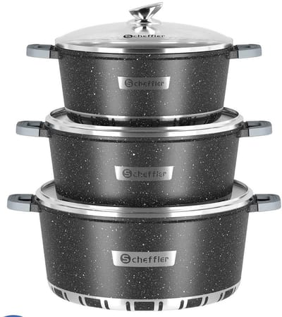 Scheffler 3-delige Pannenset 32/36/40 cm – Marmeren Antiaanbak Pannen met Glazen Deksels – Inductie & Alle Kookplaten – Gezond Koken Zonder PFOA – Grote Soeppannen & Braadpannen – Aluminium Kookset