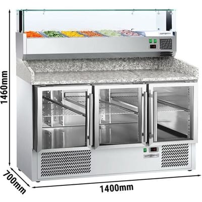 GGM Gastro Pizzakühltisch ECO - 1400x700mm - mit 3 Glastüren - inkl. Kühlaufsatzvitrine - 6x GN 1/4