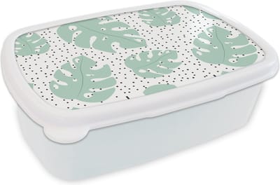 Broodtrommel Wit - Lunchbox - Brooddoos - Stippen - Monstera - Patronen - 18x12x6 cm - Volwassenen