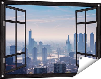 Gards Tuinposter Doorkijk Rotterdamse Skyline - 90x60 cm - Tuindoek - Tuindecoratie - Wanddecoratie buiten - Tuinschilderij