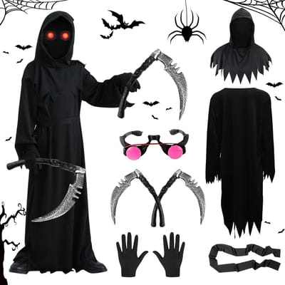 Griezelige Grim Reaper Kostuum voor Kinderen met Verlichte Rode Ogen en Zwarte Cape voor Halloween Cosplay Leeftijd 6 Jaar en Oudere Kinderen