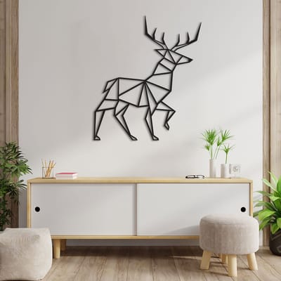 Geometrische Wanddecoratie - Hert - Hout - Wall Art - Muurdecoratie - Woonkamer - Zwart - 68.5 x 59 cm