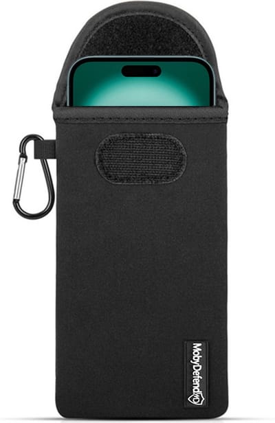 MobyDefend Hoesje - Geschikt voor iPhone 16 Plus - Neopreen Pouch Met Karabijnhaak - Insteek - Riemlus - Zwart