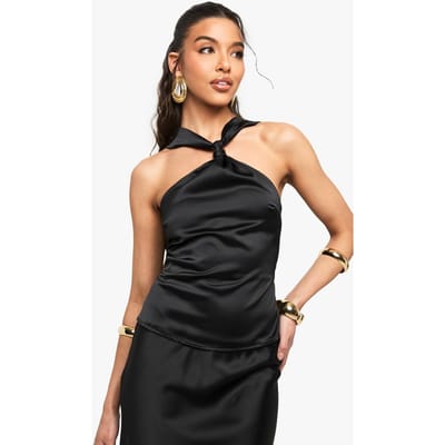 boohoo Dames Satijn Knoop Band Detail Top | Black | Maat: 8