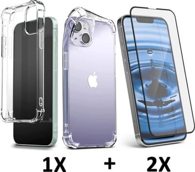 Casemania Hoesje Geschikt voor Apple iPhone 14 - Transparant / 2X Volledige Glazen Screenprotector - Extra Stevig Anti-Shock Hybrid Back Cover