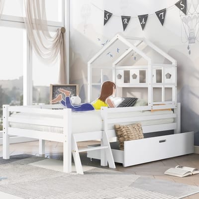 Sweiko Huisbed Kinderbed met ladder en lades, incl. lattenbod, loftbed massief hout met valbeveiliging 90x200cm Wit(Zonder matras)