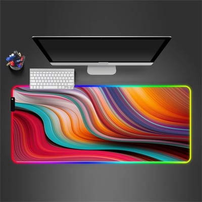 RGB Muismat - Verlicht Bureau Pad - Gaming Kantoor Werk - 14 Lichtmodi - 900x400x4mm - Abstract Oranje Rood