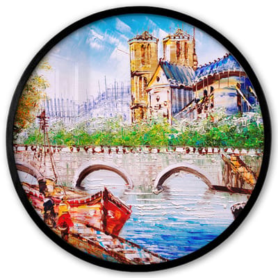 Poster in lijst Rond - Fotolijst 40x40 cm - Posters - Schilderij - Parijs - Boot - Brug - Ronde posterlijst zwart - Decoratie - Wanddecoratie woonkamer - Muurdecoratie slaapkamer