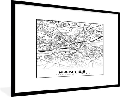 Fotolijst incl. Poster Zwart Wit- Stadskaart - Plattegrond - Nantes - Kaart - Frankrijk - Zwart wit - 120x80 cm - Posterlijst