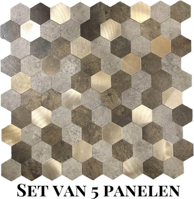 Wallways Wandpanelen - Plaktegels - Set van 5 Tegels - Tegelsticker - Zelfklevende Tegels - 4MM dik - Aluminium toplaag - Waterdicht - Krasbestendig - Hittebestendig - 3M Kleeflaag - Hexagon Goud/Bronze