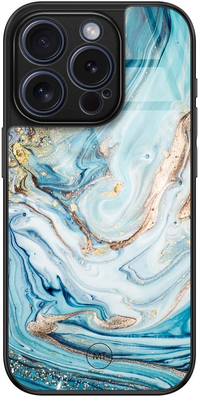 Hoesje geschikt voor iPhone 15 Pro - Marmer blauw goud - Luxe Hard Case - Marmer - Blauw, Goud - Mooie Telefoonhoesjes
