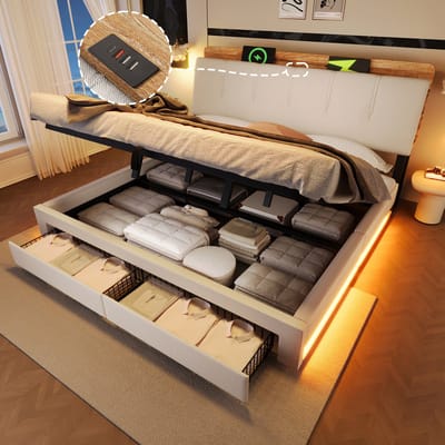 Gestoffeerd bed 180x200 cm - met USB Type-C oplaadfunctie - met opbergruimte en LED-verlichting - beige - zonder matras
