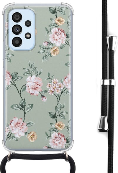 Hoesje met koord - Geschikt voor Samsung Galaxy A53 - Bloemetjes - Verstelbaar zwart koord - Crossbody - Bloemen - Transparant, Groen - Leuke Telefoonhoesjes