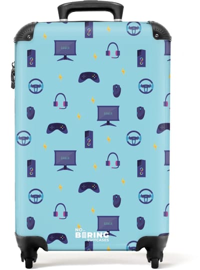 NoBoringSuitcases.com® - Kinderkoffer - Kindertrolley jongen en meisje - Gamer patroon met spelaccessoires op blauw - Handbagage koffer lichtgewicht - Reiskoffer trolley kinderen - Rolkoffer met wieltjes - Past binnen 55x40x20 en 55x35x25