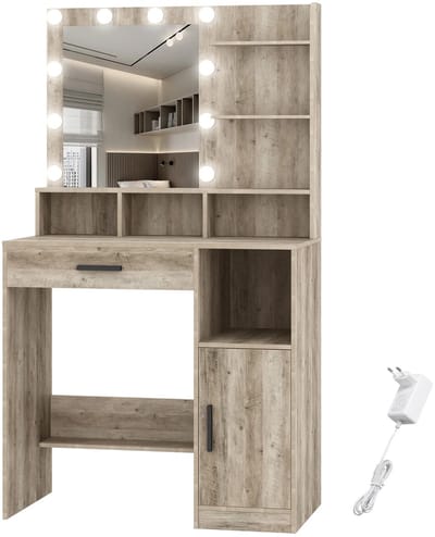 Dressing Table – Voor Slaapkamer en Make-up – Kaptafel met Spiegel, 10 LED-Lampen, 3 Planken, 4 Open Vakken en Grote Lade – Grijs