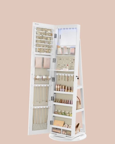 M-Goods - Sieradenkast met Spiegel - Staande Sieraden Organizer - 360° Draaibaar - LED Verlichting - Wit