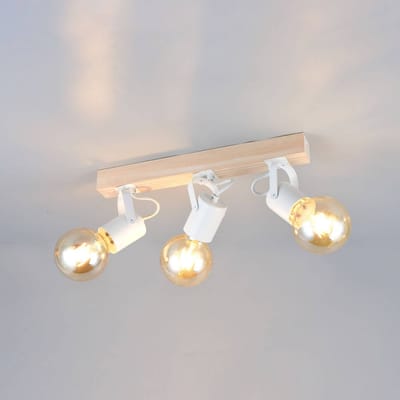 Reality Leuchten Plafondlamp Lynar, wit, hout, metaal, lengte 42 cm, 3-lamps.