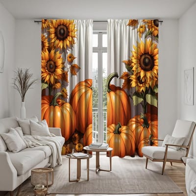 2 pièces HD Halloween tournesol citrouille rideau décoratif Jaune cravate rideau imprimé numérique Décoration de style décoration de la maison li W52H63inchW132H160cm orange