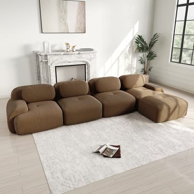 DESMIU Hoekbank 382 x 177 x 69 cm - Modulaire 4-Zits Met Slaapfunctie En Zonder Montage - Voor Woonkamer - Corduroy Beige