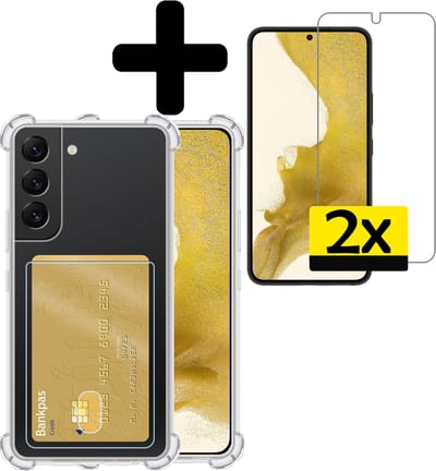 Hoesje - Geschikt voor Samsung Galaxy S22 - Met 2x Screenprotector - Pashouder - Kaarthouder - Telefoon Hoes Shockproof - Siliconen Case - Back Cover - Shock Proof - Pasjes Houder - Telefoonhoesjes - Transparant