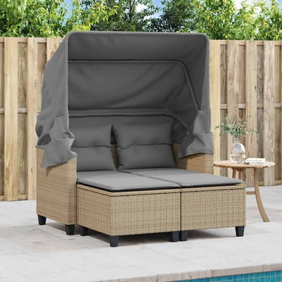 vidaXL - Tuinbank - 2-zits - met - luifel - en - voetenbanken - poly - rattan - beige