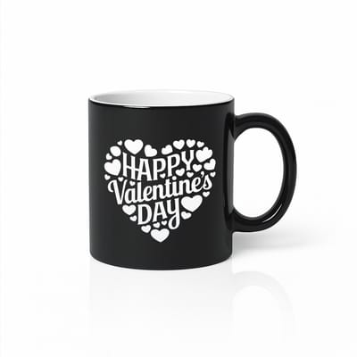 Happy Valentine’s Day Black Magic Mok 330ml – Zwarte Koffiemok met Witte Hartjes – Romantisch Cadeau voor Hem & Haar