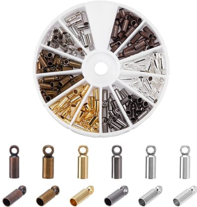 PandaHall 210 stuks 6 kleuren messing koord eindkappen kraal vat lus sluiting voor armband ketting sieraden DIY ambachtelijke maken lederen kunst, binnendiameter 2 mm
