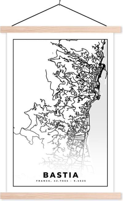 Posterhanger incl. Poster 40x60 cm - Schoolplaat - Stadskaart – Plattegrond – Kaart – Bastia - Frankrijk - Zwart wit - Textielposter - Blanke latten - Stadskaart