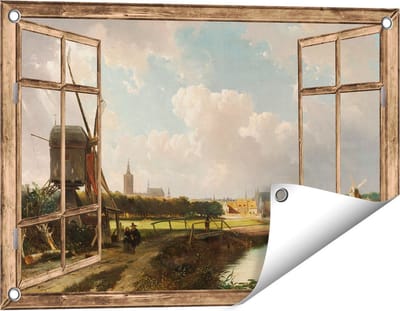 Gards Tuinposter Doorkijk Gezicht op Den Haag vanaf de Delftse Vaart in de Zeventiende Eeuw - Cornelis Springer - 60x40 cm - Tuindoek - Tuindecoratie - Wanddecoratie buiten - Tuinschilderij