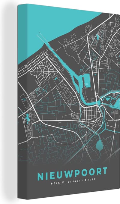 Canvas Schilderij België – Nieuwpoort – Stadskaart – Kaart – Blauw – Plattegrond - 20x30 cm - Wanddecoratie