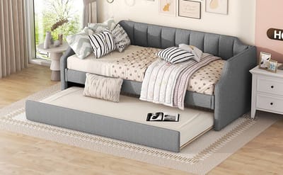 STILVORA Daybed 90x200 cm – Gestoffeerd Eenpersoonsbed Met Uitschuifbed Op Wielen – Extra Slaapplaats Voor Logees – Zonder Matras – Grijs