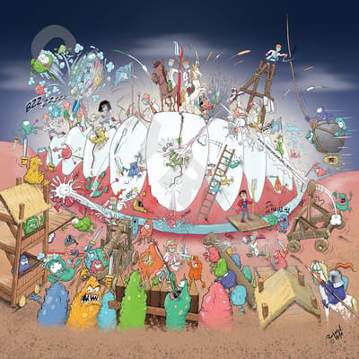 Cartoon plafondplaat - Poster - Roland Hols - Gebitsbescherming - 60 x 60 cm - Forex 5 mm dik - Tandarts - Orthodontist - Mondhygiënist - voor boven de behandelstoel