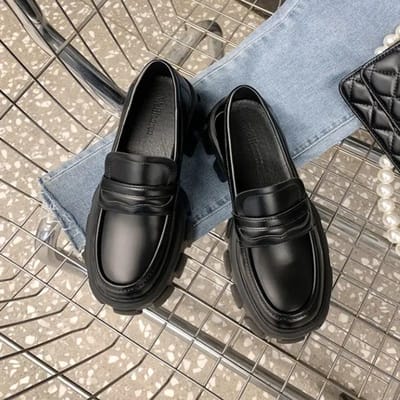 Chaussures en Cuir pour Femmes Chaussures Décontractées Chaussures Automne Hiver Mocassins à Semelle Épaisse 34 noir
