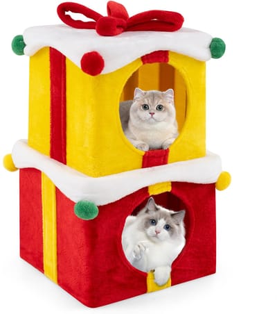 COSTWAY Kattenmand met 2 verdiepingen, stapelbare geschenkdozen met strik en bal, kattenhuis met pluche overtrek, kattenbed katten, kattenmeubel binnen, rood + geel