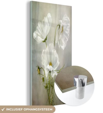 MuchoWow® Glasschilderij 40x80 cm - Schilderij acrylglas - Bloemen - Stilleven - Klaproos - Wit - Botanisch - Foto op glas - Muurdecoratie woonkamer - Wanddecoratie slaapkamer - Schilderijen