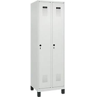 C+P Evolo Plus garderobekast, 2 vakken, 300 mm breed, met poten, veiligheidsdraaistang, B 600 x D 500 x H 1950 mm, lichtgrijs/lichtgrijs