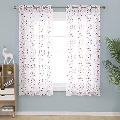 Transparante Gordijnen met Oogjes in Wit en Oranje Bladeren - Set van 2, 55x72 Inch