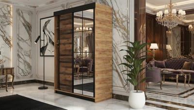 Kledingkast met Schuifdeuren en Spiegel Casa Velluto REGALIS – Moderne en Rustieke Garderobe voor Slaapkamer en Hal – Ruime Opbergkast 138x205x59 cm – Eiken Artisanat Goud & Old Style – Sliding Door Wardrobe