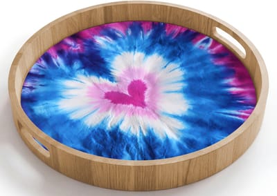 Dienblad rond 40x40 cm - Schootdienblad hout - Hartvormig - Tie dye - Paars - Borrelplank rechthoek - Plateau houten dienbladen