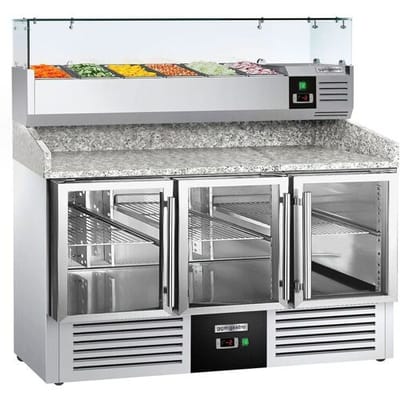 GGM Gastro Pizzakühltisch PREMIUM - 1400x700mm - 3 Glastüren - inkl. Kühlaufsatzvitrine - 6x GN 1/4 Zilver