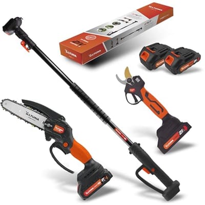 Titanium Batterijtakkenset – Accu-kettingzaag en Elektrische Snoeischaar met T telescoopstang tot 3,7 m – Inbegrepen 2 Accu's, Oplader en Beschermbril