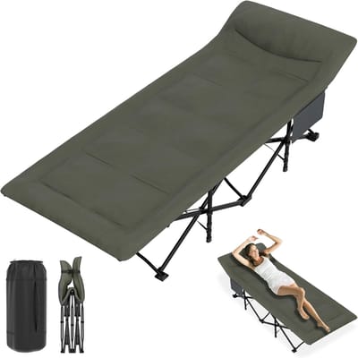 Camping Bed - Opklapbed Veld - Outdoor Slapen - Met Kussen En Zak - 185x75x40cm - Groen