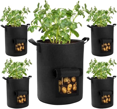 Famanu - 5 Pack 10 gallon aardappel kweekzakken met klep en handgrepen, zware stoffen potten voor het planten van aardappel, wortelen, taro, wortelen
