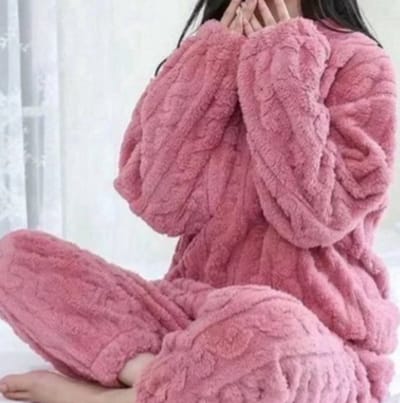 Dames Huispak Fleece 2-Delig – Warme Geribbelde Fluwelen Lounge Set met Trui en Broek – Zachte Winter Pyjama & Casual Homewear voor Dames- Roze