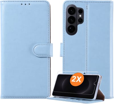 Hoesje geschikt voor Samsung Galaxy S26 Ultra 5G hoesje Blauw pasjeshouder telefoon hoes - Met screenprotector tempered glass voor Galaxy S26 Ultra 5G - 2x